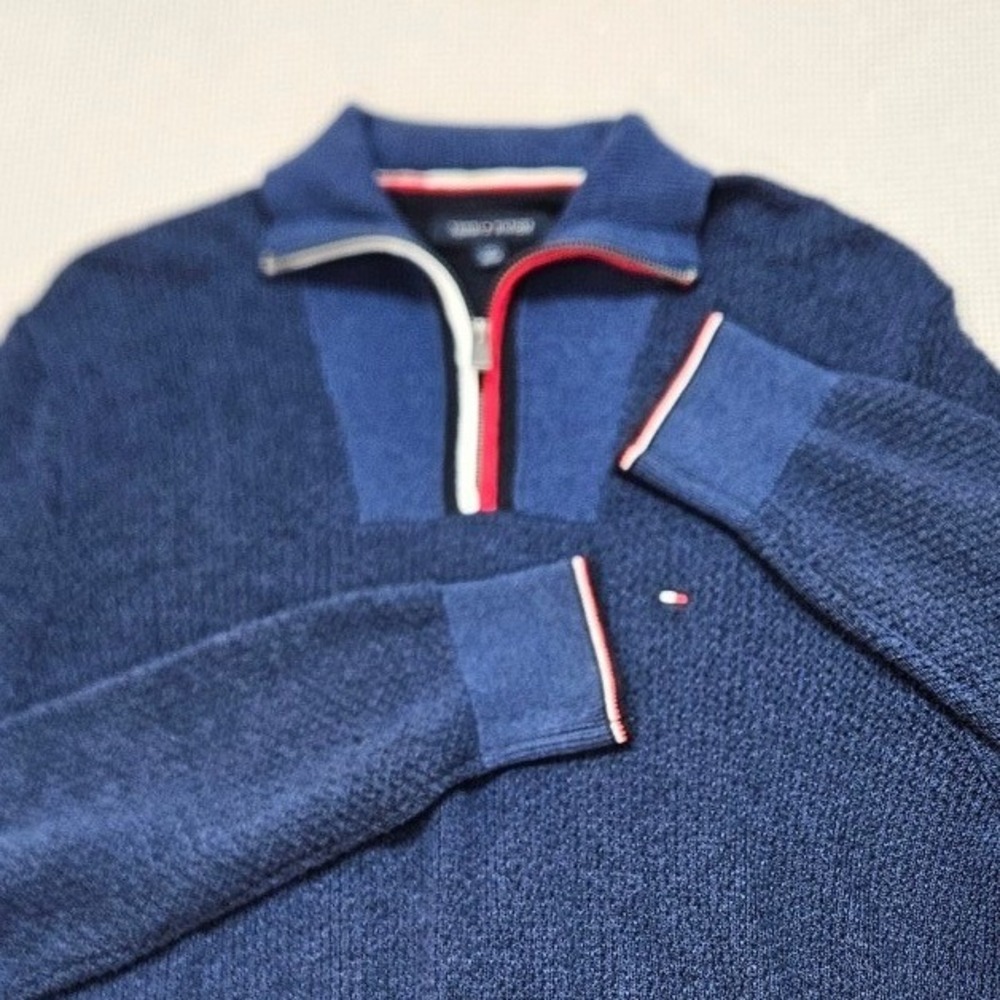 Tommy Hilfiger Mens Navy Blue Textured Quarter‎ Zip Sweater 78J6537 Size L